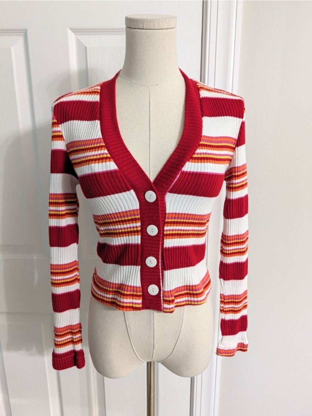 Vtg Y2K Wrapper Red Pink Stripped Button V Neck Cardigan Sz S Preppy